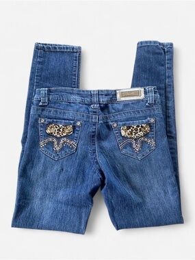 Y2k Free Culture Mcbling Skinny Jeans with Leopard & Bling Pockets